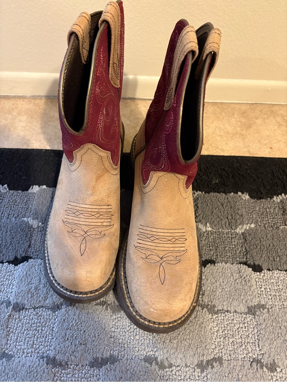Ariat Tan Suede Foot with Burgundy Embroidered Shaft Western Boots
